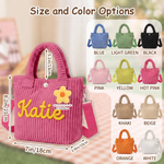A pink corduroy handbag with yellow embroidered 'Katie' lettering and a flower patch, shown with dimension arrows and a color-options chart. The image includes text reading 'Size and Color Options' and lists available bag colors such as blue, light green, black, pink, yellow, hot pink, khaki, beige, orange, and white.