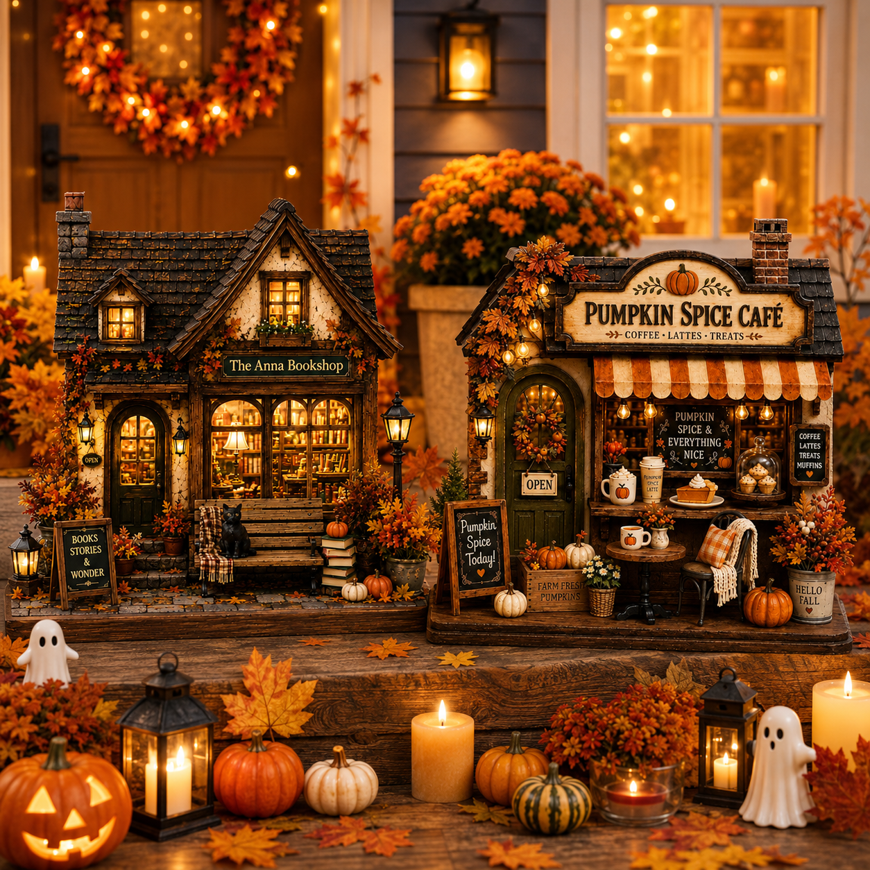 A cozy autumn-themed miniature display featuring two tiny shop houses: 'The Luna Bookshop' and 'Pumpkin Spice Cafe', decorated with warm lights, candles, pumpkins, fall leaves, and small ghost figures in front of a decorated house facade.