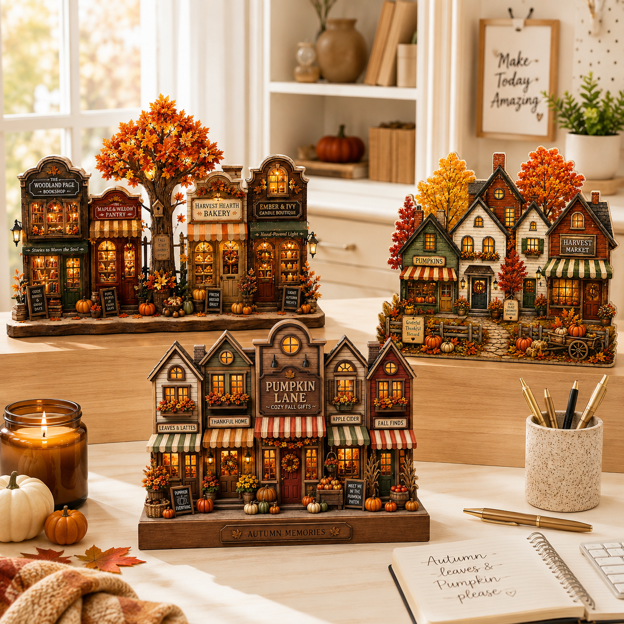 Three miniature autumn-themed village light displays arranged on a tabletop in a cozy home setting. The displays feature detailed storefronts with glowing windows, fall foliage trees, pumpkins, and warm string lights.