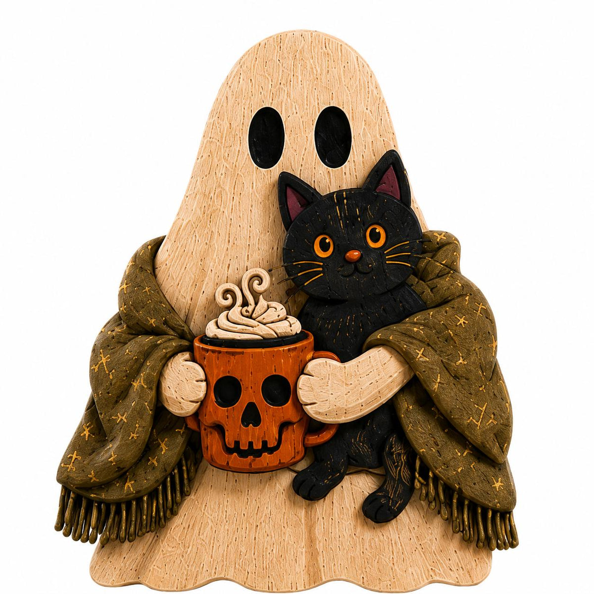A Halloween-themed decorative figurine featuring a beige ghost with black eyes, a black cat with orange eyes, and an olive green patterned blanket, holding an orange pumpkin mug with whipped cream. The figurine is photographed against a solid white background.