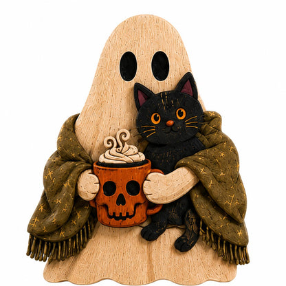 A Halloween-themed decorative figurine featuring a beige ghost with black eyes, a black cat with orange eyes, and an olive green patterned blanket, holding an orange pumpkin mug with whipped cream. The figurine is photographed against a solid white background.