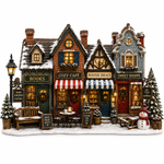 A detailed miniature Christmas village set featuring three cozy storefront buildings labeled Books, Cozy Cafe, Winter Treats, Sweet Shoppe, with snow-covered roofs, lit windows, benches, trees, a snowman, and a street lamp on a white background.
