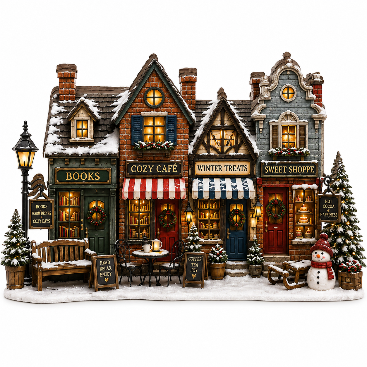 A detailed miniature Christmas village set featuring three cozy storefront buildings labeled Books, Cozy Cafe, Winter Treats, Sweet Shoppe, with snow-covered roofs, lit windows, benches, trees, a snowman, and a street lamp on a white background.