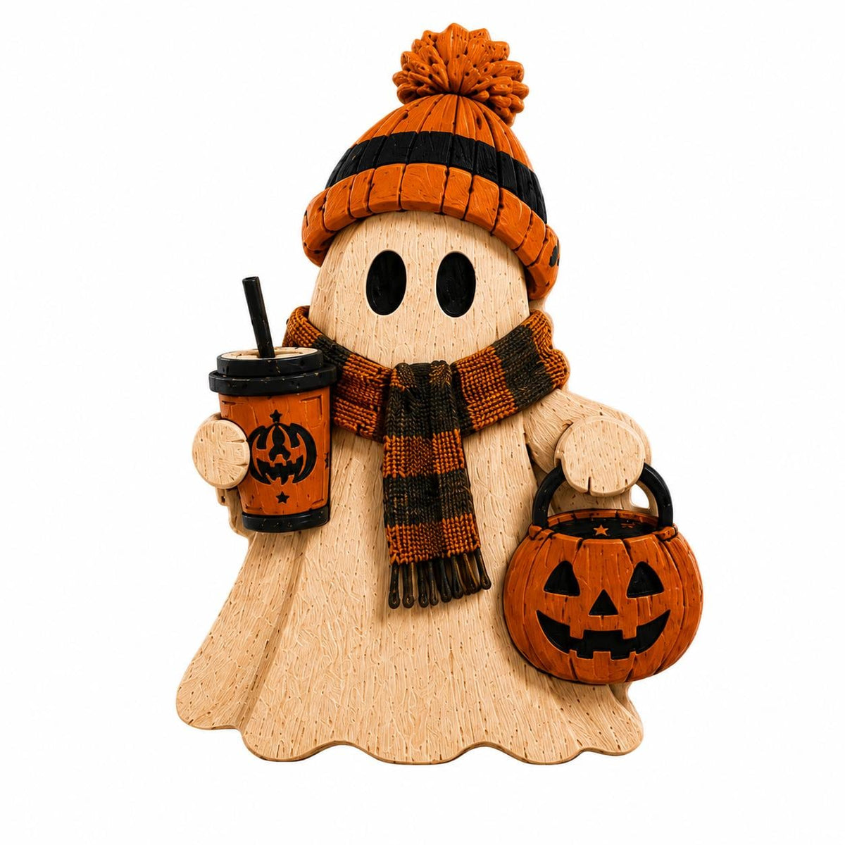 A wooden ghost-shaped Halloween decoration wearing an orange and black striped knit hat with a pom-pom, a matching plaid scarf, holding an orange jack-o'-lantern bucket, and a drink cup with a black straw, isolated on a white background.