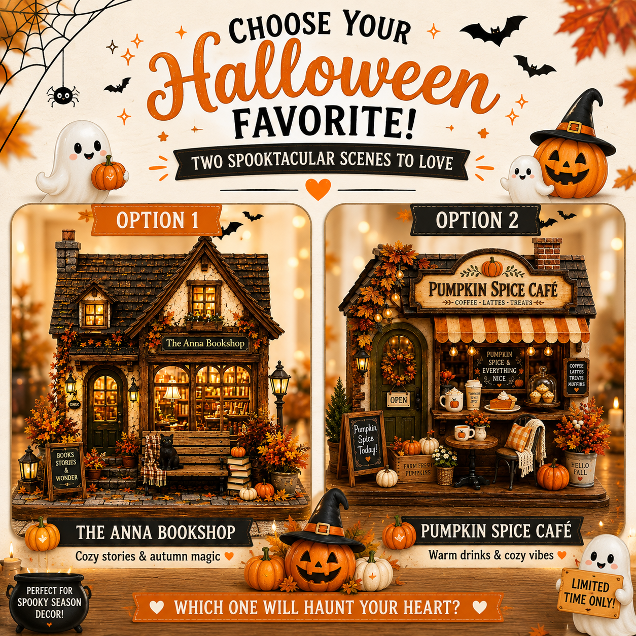 Promotional graphic for a Halloween-themed miniature building kit, showing two cozy shop designs: 'The Anna Bookshop' (Option 1) and 'Pumpkin Spice Café' (Option 2). The graphic features a warm, festive theme with orange pumpkins, ghosts, bats, and a spiderweb on a cream background, with text inviting users to choose their favorite spooky scene.