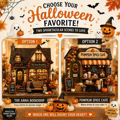 Promotional graphic for a Halloween-themed miniature building kit, showing two cozy shop designs: 'The Anna Bookshop' (Option 1) and 'Pumpkin Spice Café' (Option 2). The graphic features a warm, festive theme with orange pumpkins, ghosts, bats, and a spiderweb on a cream background, with text inviting users to choose their favorite spooky scene.