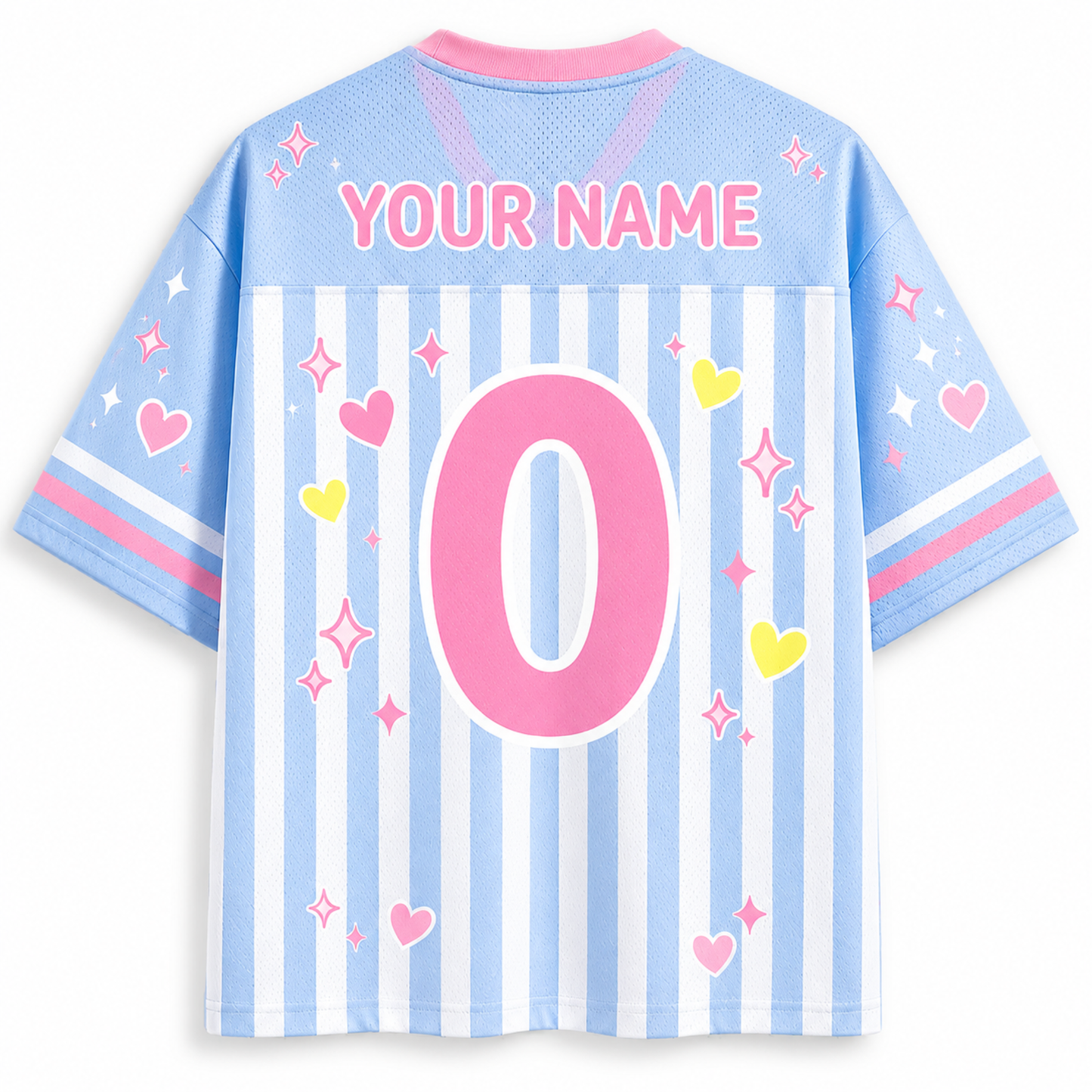 Back view of a customizable short-sleeve jersey in light blue and white vertical stripes, featuring a large pink number 0, 'YOUR NAME' text, and pink, yellow, and white graphic accents.
