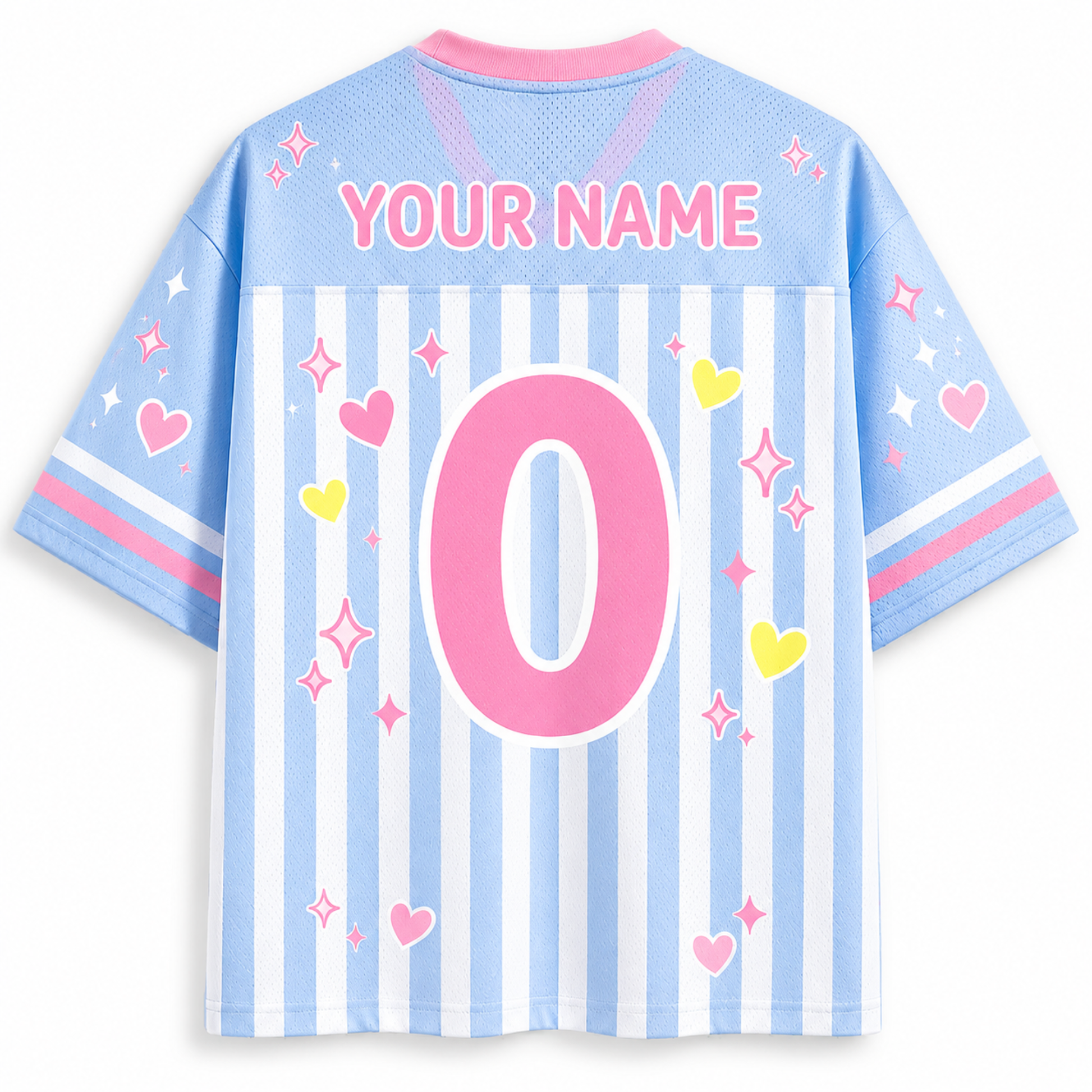 Back view of a customizable short-sleeve jersey in light blue and white vertical stripes, featuring a large pink number 0, 'YOUR NAME' text, and pink, yellow, and white graphic accents.