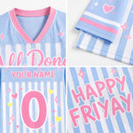 A four-panel product collage showing a customizable sports jersey. The jersey features a light blue and white vertical stripe pattern with pink trim, pink and white text, and small pink and yellow heart/star graphics.