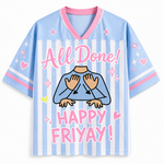 All Done Happy Friyay sports jersey front view featuring pink V-neck collar, light blue and white vertical stripes, Sign Language hands graphic, and pastel hearts.