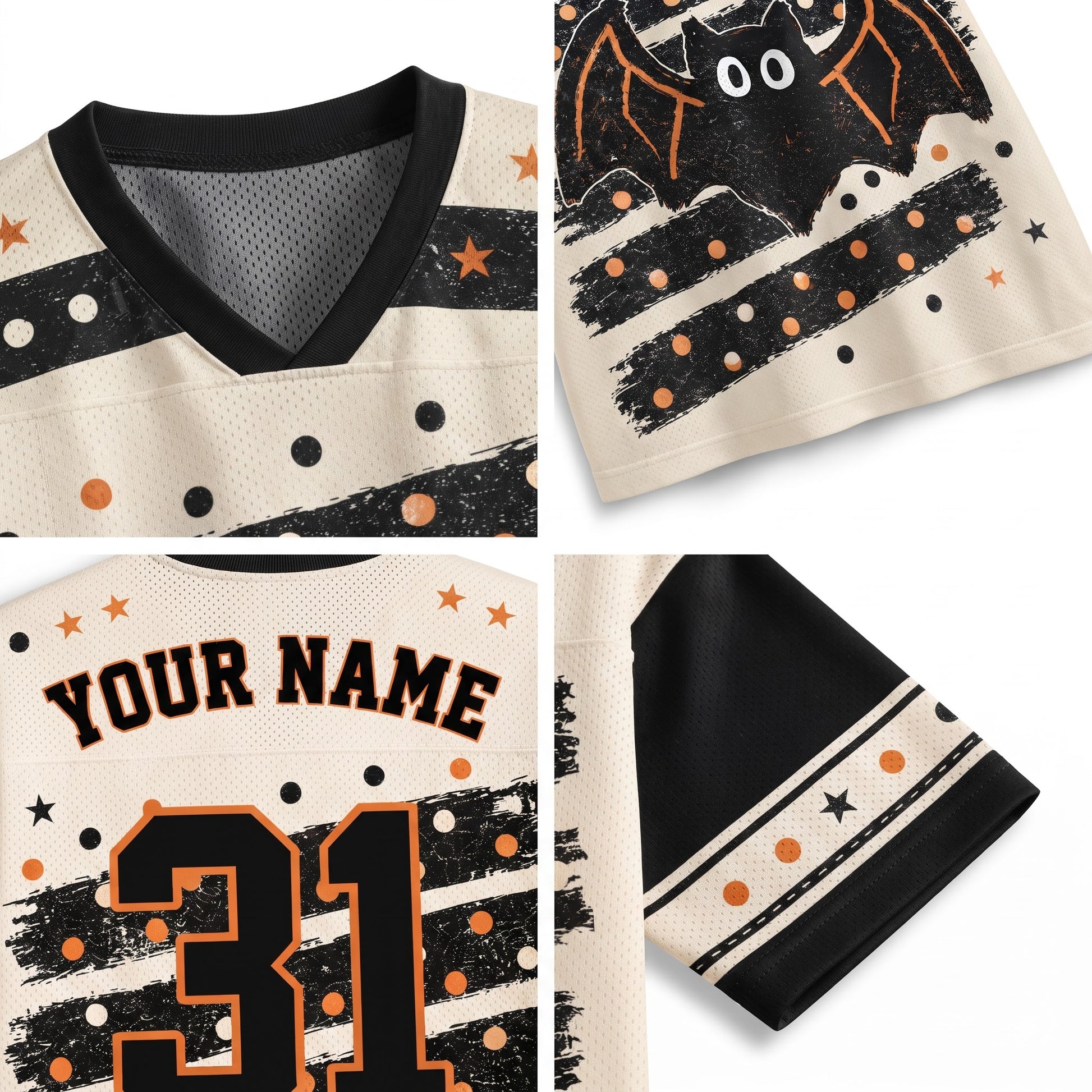 Halloween-themed sports jersey shown in a four-panel detail layout. The cream mesh jersey features a black V-neck collar, black and orange distressed stripes with orange stars and dots, a black bat graphic with white eyes on the sleeve, 'YOUR NAME' text, and the number '31' on the back.