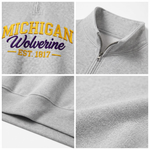 Close up details collage of heather grey quarter-zip pullover showing metal zipper collar, back collar, ribbed hem, and chest graphic.