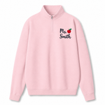 A light pink quarter-zip sweatshirt with 'Ms. Smith' and a small red apple graphic printed on the left chest, displayed on a clean white background.