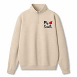 A beige quarter-zip sweatshirt with 'Ms. Smith' and a small red apple graphic printed on the left chest, displayed on a clean white background.