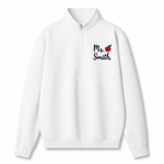 A white long-sleeve quarter-zip pullover sweatshirt with a mock neck collar, featuring the text 'Ms. Smith' in black script next to a small red apple graphic on the left chest.