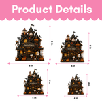 Product details graphic showing a Halloween haunted house decoration in four size options labeled 8 in, 6 in, 5 in, and 4 in, with pink dimension arrows and a pink 'Product Details' header.