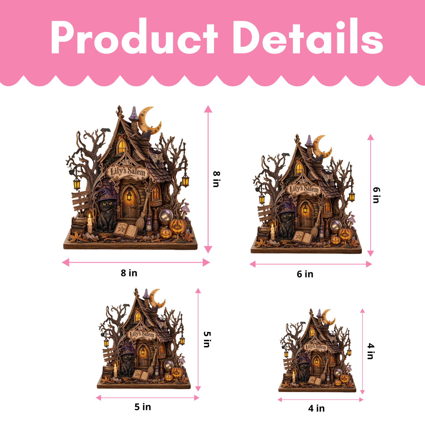 Product details graphic showing a small haunted house decoration with size measurements for four scale options: 8 in by 8 in, 6 in by 6 in, 5 in by 5 in, and 4 in by 4 in. The image has a pink header reading 'Product Details' on a white background.