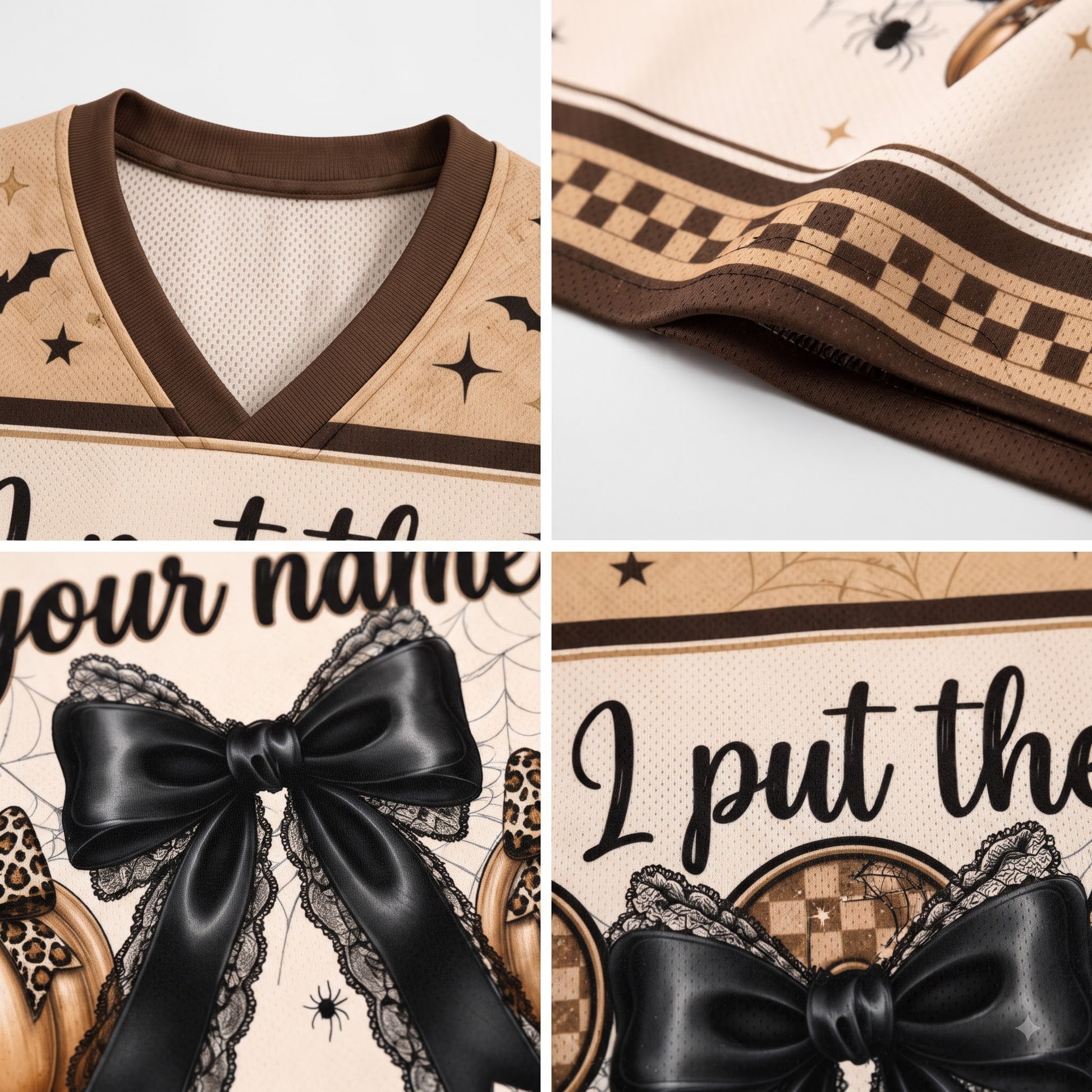 A four-panel close-up collage showing details of a beige and brown printed garment, including a V-neck trim, a checkered band, script text, a large black bow with lace trim, and spider motifs.