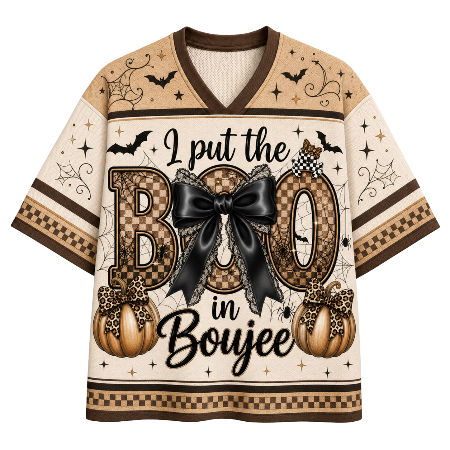 A short-sleeve V-neck t-shirt with a Halloween-themed graphic print. The design features the text 'I put the BOO in Boujee' with 'BOO' styled in a checkered pattern, a large black bow, and two pumpkins with leopard-print bows.
