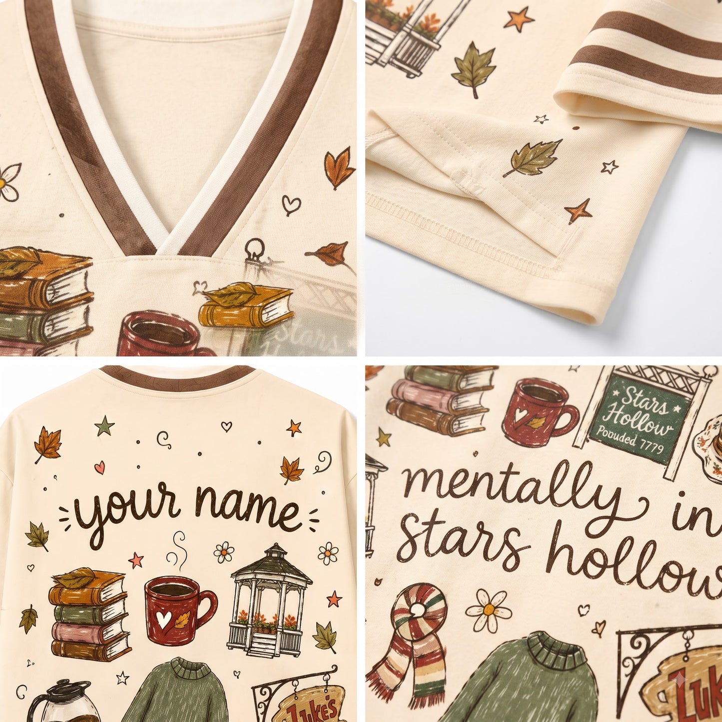 A four-panel product collage showing a cream-colored pajama set with autumn-themed illustrations and customizable text. The panels highlight the V-neck collar, sleeve detail, full back graphic with 'your name' text, and front graphic with 'mentally in stars hollow' text.