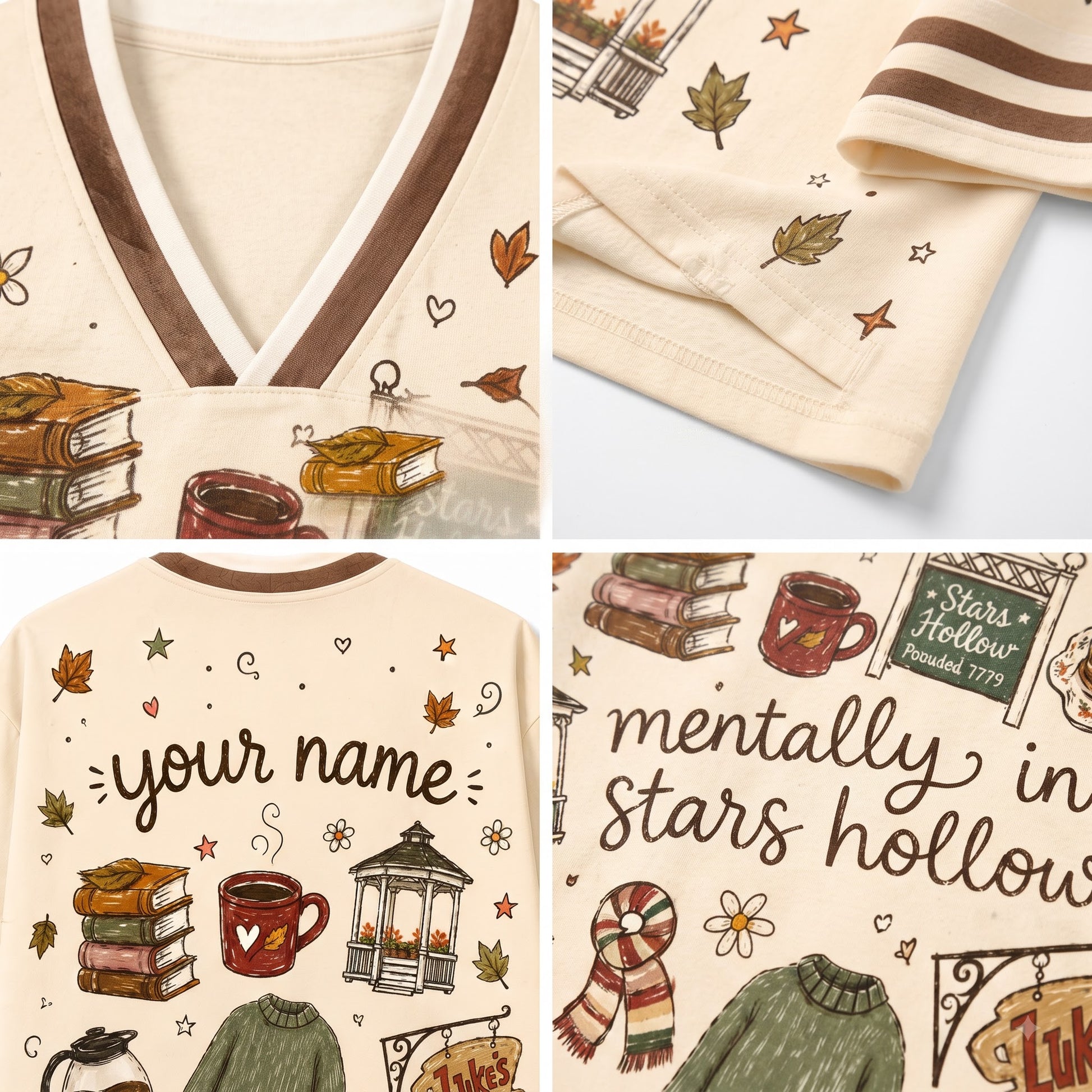 A four-panel product collage showing a cream-colored pajama set with autumn-themed illustrations and customizable text. The panels highlight the V-neck collar, sleeve detail, full back graphic with 'your name' text, and front graphic with 'mentally in stars hollow' text.