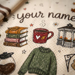 Close-up of a personalized fabric product, likely a towel or blanket, featuring a cream-colored woven background with a custom name printed in dark brown script. The fabric is decorated with various autumn-themed illustrations, including a stack of books, a red coffee mug with a white heart, a green sweater, a gazebo, and a coffee jar.