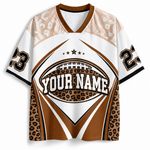 Customizable football jersey with leopard print accents on a white background