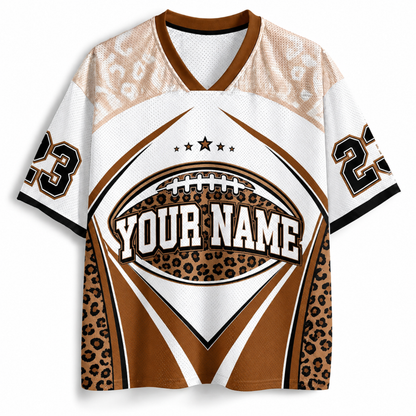Customizable football jersey with leopard print accents on a white background