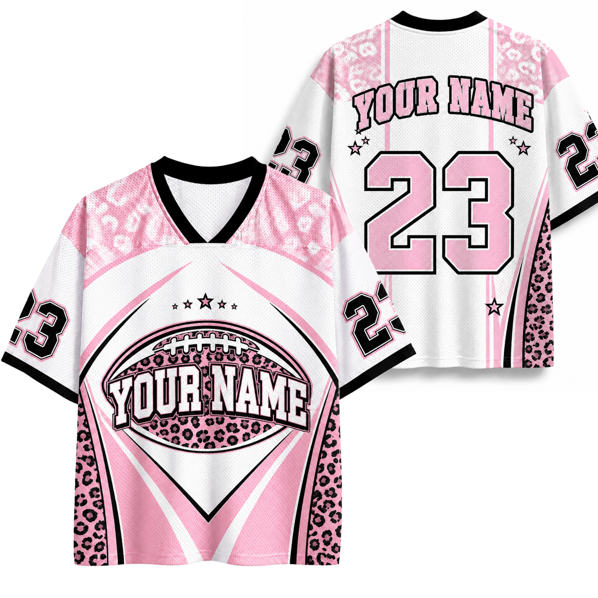 Custom name brown football mesh jersey front view featuring leopard print football graphic with YOUR NAME text, sleeve number 23, and athletic stars.