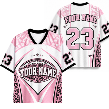 Custom name brown football mesh jersey front view featuring leopard print football graphic with YOUR NAME text, sleeve number 23, and athletic stars.