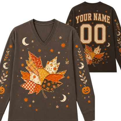 Custom Patchwork Maple Leaf Autumn Long Sleeve Mesh Jersey front and back view in brown featuring celestial moons, fall leaves, and custom number 00.