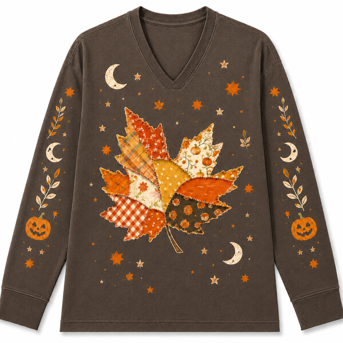 A dark brown long-sleeve V-neck shirt featuring a large autumn leaf patchwork design on the front, decorated with stars, crescent moons, and jack-o'-lanterns on the sleeves.