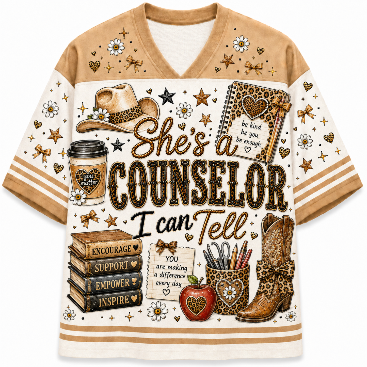 A women's V-neck short-sleeve t-shirt with a western-themed graphic print. The shirt features a cream and tan base with a detailed print of a cowboy hat, boots, an apple, books, a coffee cup, and motivational text celebrating a counselor.