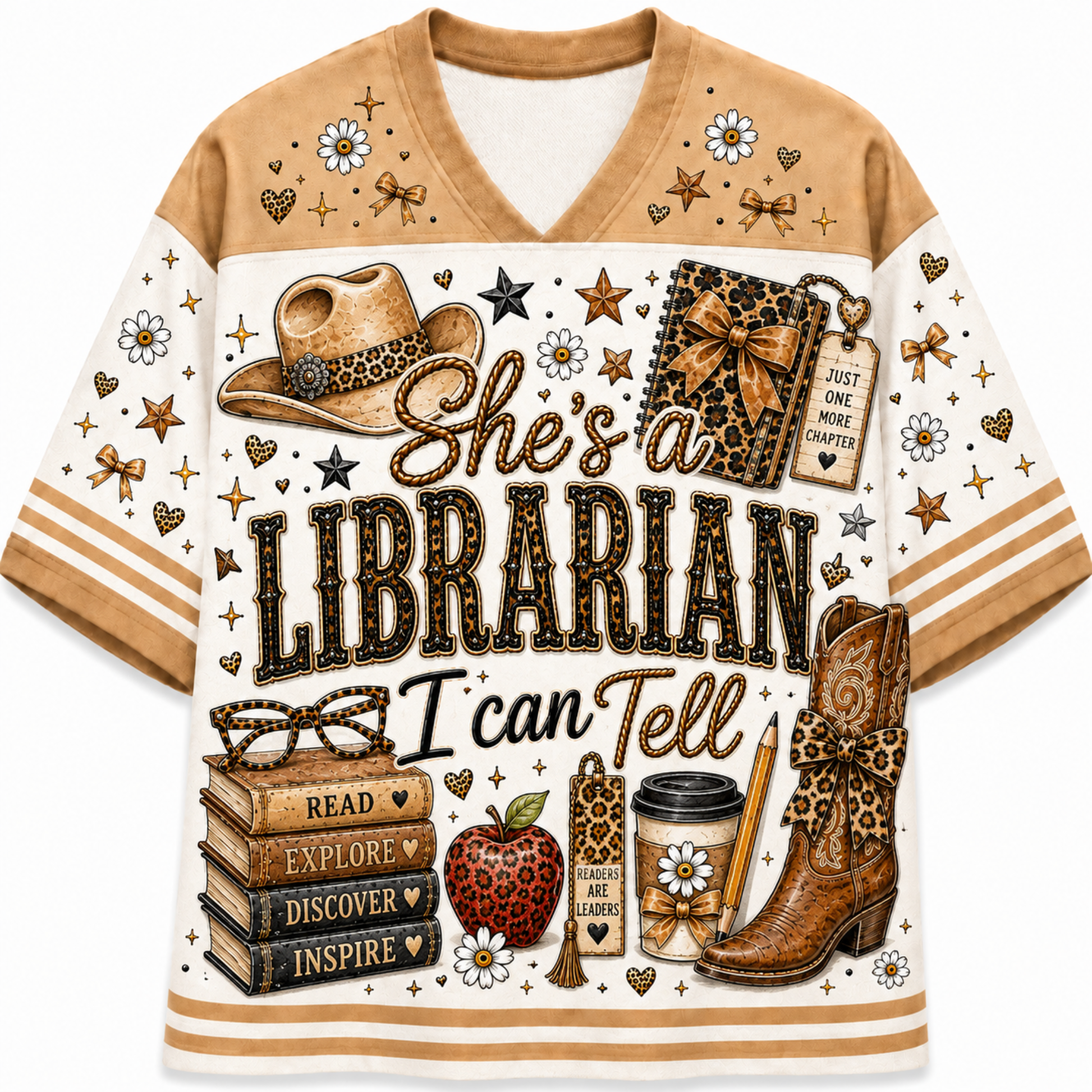 A short-sleeve V-neck t-shirt with a western-themed librarian graphic print. The design features a brown and cream color scheme with illustrations of a cowboy hat, a leather-bound book, a stack of books, an apple, a coffee cup, and the text 'She's a LIBRARIAN I can Tell'.