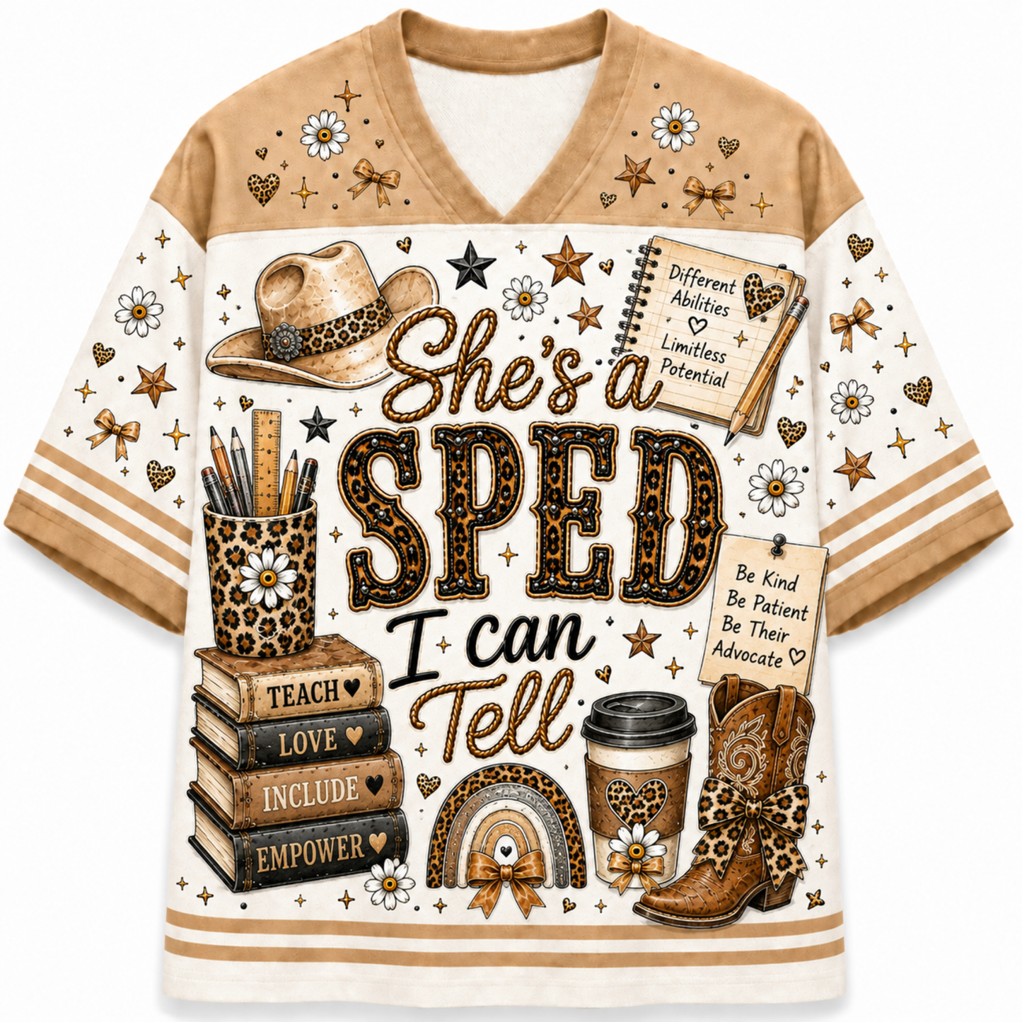 A short-sleeve V-neck t-shirt with a western-themed graphic print. The design features the text 'She's a SPED I can Tell' in a leopard-print patterned font, surrounded by illustrations of a cowboy hat, cowboy boots, books, a coffee cup, flowers, and stars in a brown, beige, and white color palette.