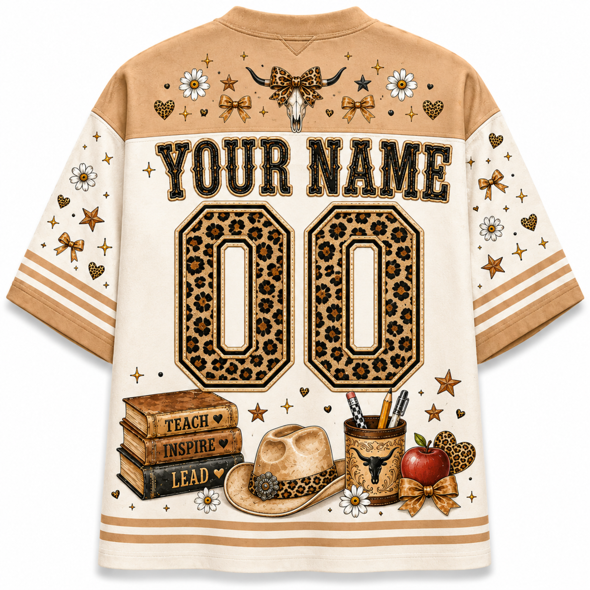A short-sleeve custom sports jersey shirt shown from the back, featuring a tan and cream color scheme with leopard-print details, western-themed graphics including a cowboy hat, books, an apple, and a skull, and placeholder text 'YOUR NAME' and '00'.