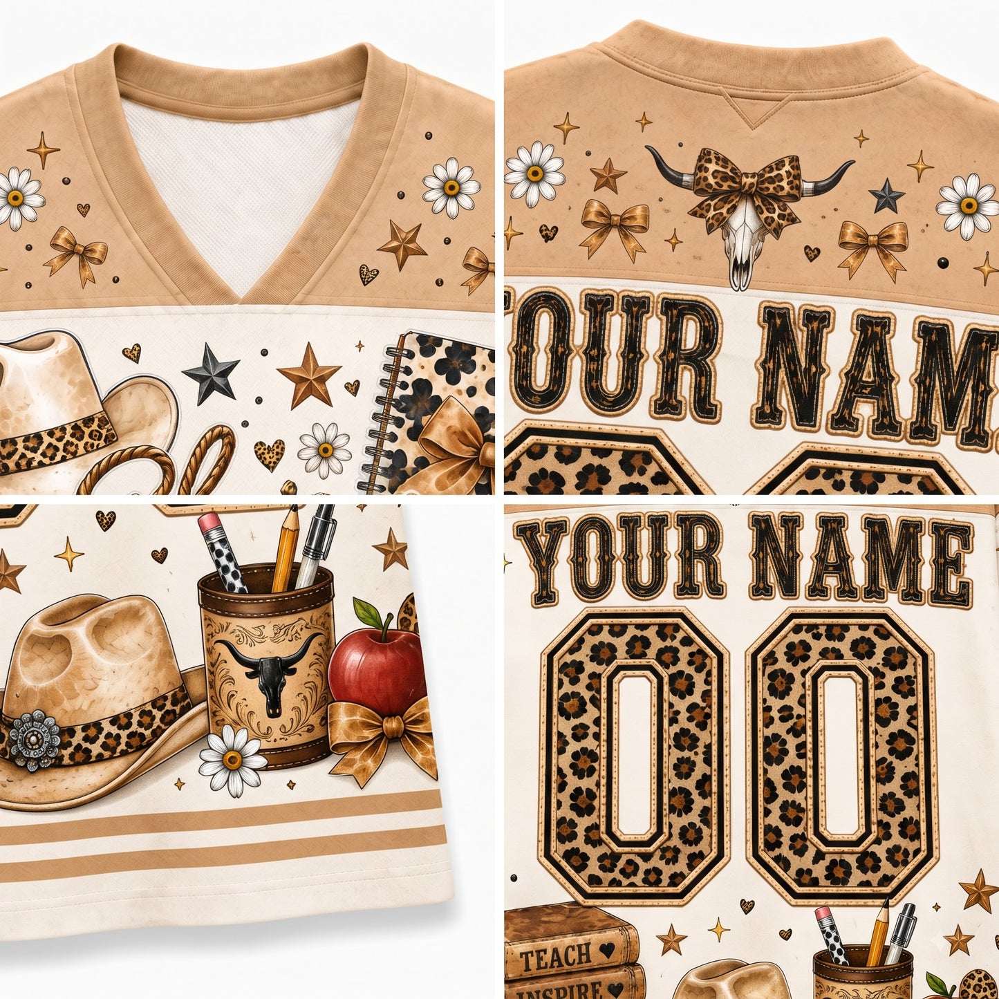 A four-panel product mockup showing the front and back of a tan V-neck t-shirt with a western-themed print. The print features leopard print accents, cowboy hats, a bull skull with a bow, daisies, stars, and customizable text reading 'YOUR NAME' and '00'.