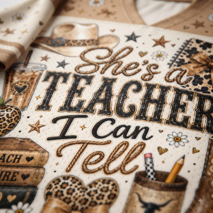 A close-up of a western-themed printed design with the phrase “She’s a TEACHER I Can Tell” in large decorative lettering. The artwork includes a cowboy hat, stars, flowers, a pencil cup, books, and leopard-print accents on a warm cream background.