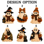 Six Halloween ghost figurine designs labeled 1 through 6 on a white background under the heading 'DESIGN OPTION'. The figures are made from light wood with black and orange painted details, including witch hats, scarves, pumpkin buckets, cups, and black cats.