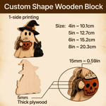 Custom shape wooden block for Halloween decoration, showing a printed ghost holding a pumpkin next to an unpainted wood silhouette, with size and thickness measurements listed on a beige background.