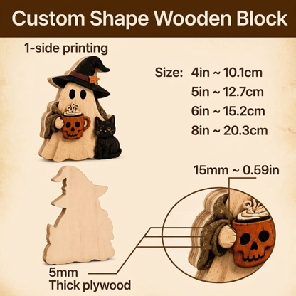 Custom shape wooden block for Halloween decoration, showing a printed ghost holding a pumpkin next to an unpainted wood silhouette, with size and thickness measurements listed on a beige background.