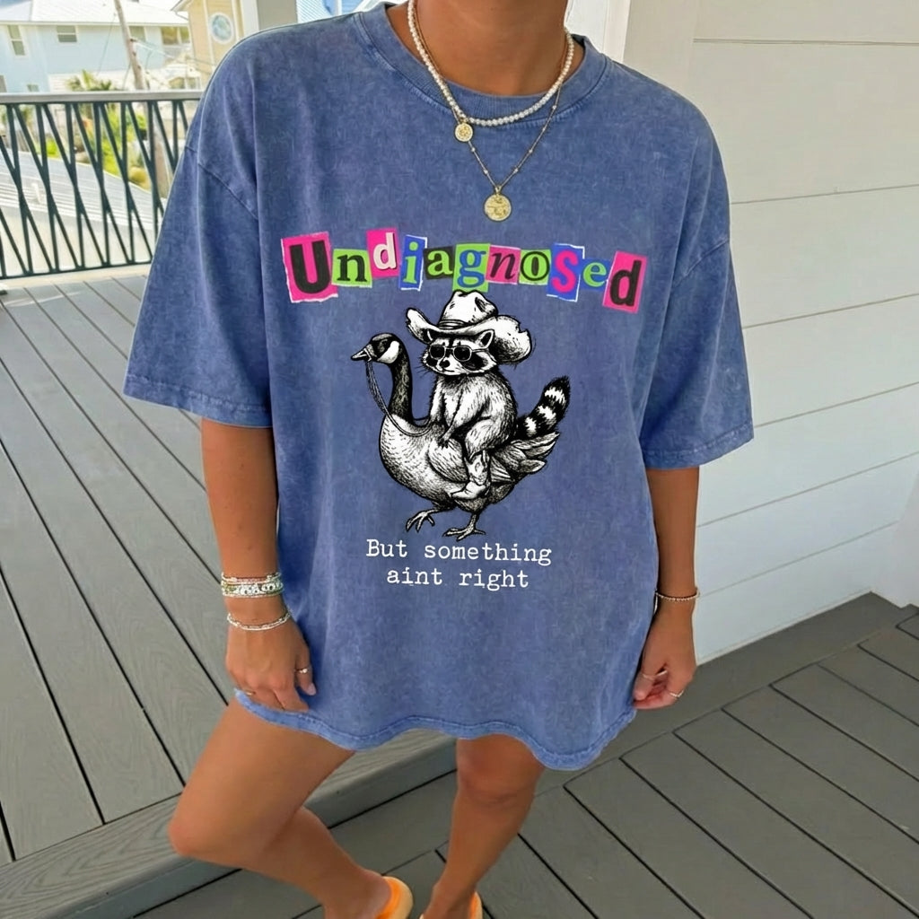 ChaoticClub Undiagnosed Raccoon Washed T-Shirt, vintage oversized graphic tee featuring a cowboy raccoon riding a goose with funny sarcastic text on premium charcoal washed cotton fabric