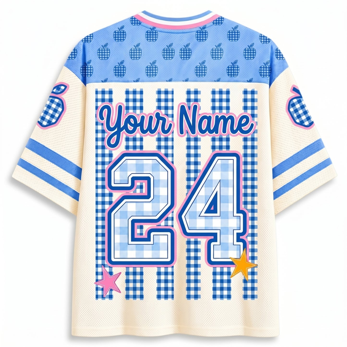 ChaoticClub Preppy Teacher Apple Blue Gingham Stripes Mesh Jersey