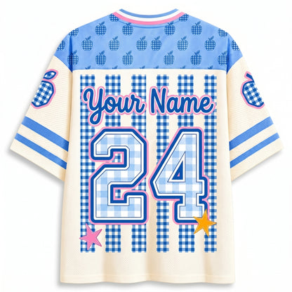 ChaoticClub Preppy Teacher Apple Blue Gingham Stripes Mesh Jersey