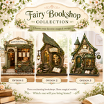 Promotional graphic for the Fairy Bookshop Collection showing three decorative fairy bookshop options labeled Option 1, Option 2, and Option 3, with floral borders and the text 'Fairy Bookshop Collection' at the top.
