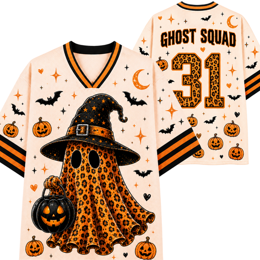 A Halloween-themed sports jersey shown from both front and back. The jersey has an off-white base with orange and black leopard-print accents, featuring a ghost graphic in a witch hat holding a pumpkin bucket on the front, and 'GHOST SQUAD 31' printed on the back.