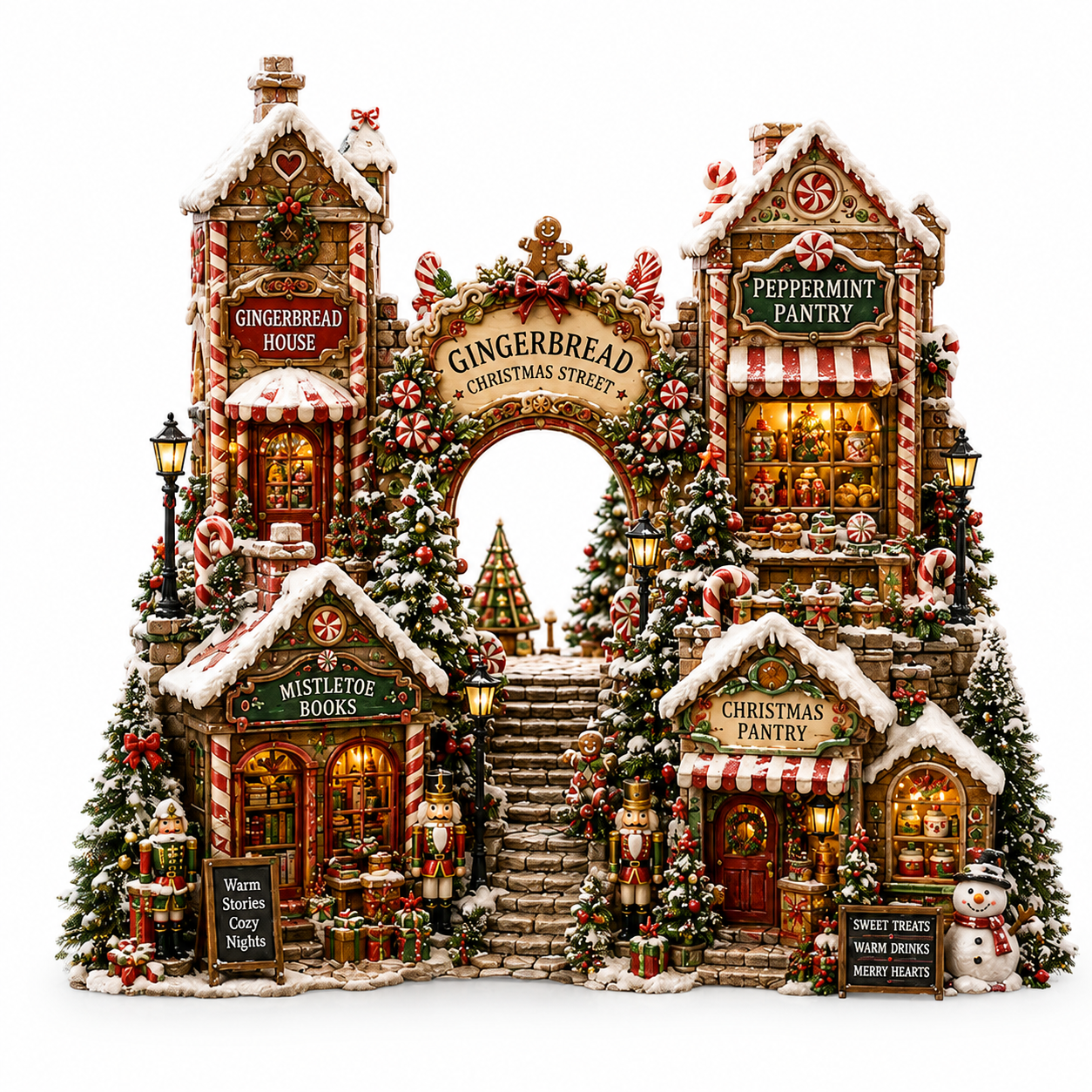 A highly detailed, symmetrical Christmas village miniature display featuring a gingerbread archway labeled 'Gingerbread Christmas Street,' with storefronts for Gingerbread House, Peppermint Pantry, Mistletoe Books, and Christmas Pantry, surrounded by decorated trees, candy canes, gifts, and warm glowing windows on a white background.