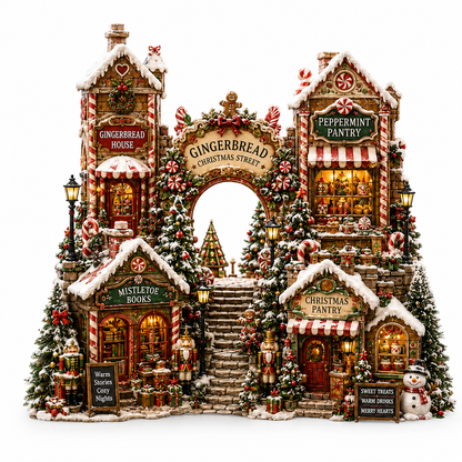 A highly detailed, symmetrical Christmas village miniature display featuring a gingerbread archway labeled 'Gingerbread Christmas Street,' with storefronts for Gingerbread House, Peppermint Pantry, Mistletoe Books, and Christmas Pantry, surrounded by decorated trees, candy canes, gifts, and warm glowing windows on a white background.