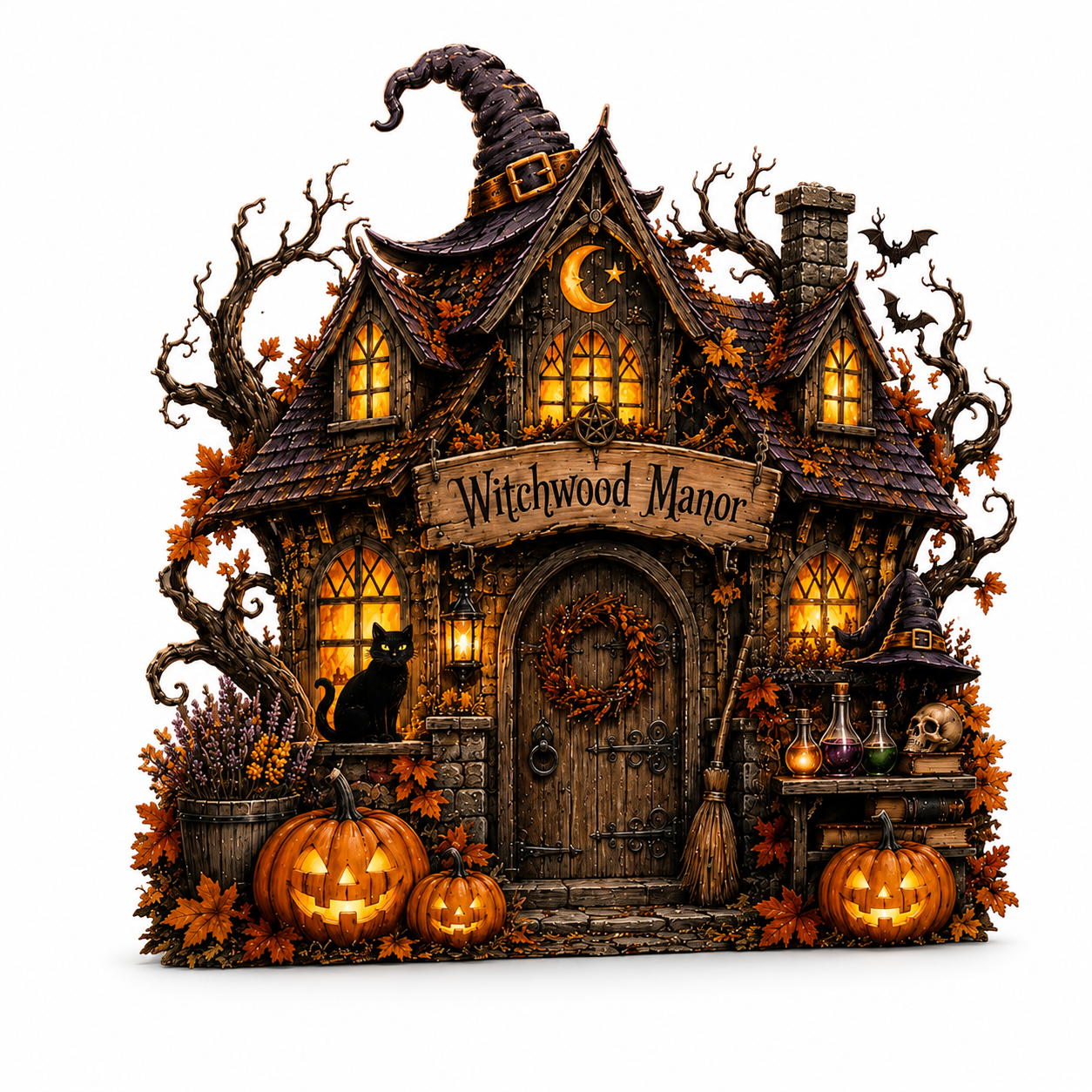 Gothic Witchwood Manor wooden tabletop sign with glowing pumpkin lights, witch hat, and autumn leaves setup.