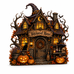 Gothic Witchwood Manor wooden tabletop sign with glowing pumpkin lights, witch hat, and autumn leaves setup.